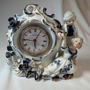 Vintage Linden Mantel Alarm Clock Decorative Porcelin Blue White and Gold Parts